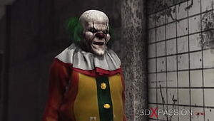 Evil clown plays with a yummy crazy school chick in an deserted clinic